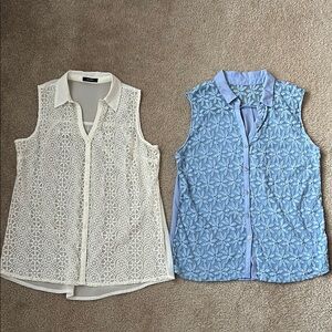 Alfani White Sleeveless Blouse with Notched Collar. Blue Sleeveless Blouse.